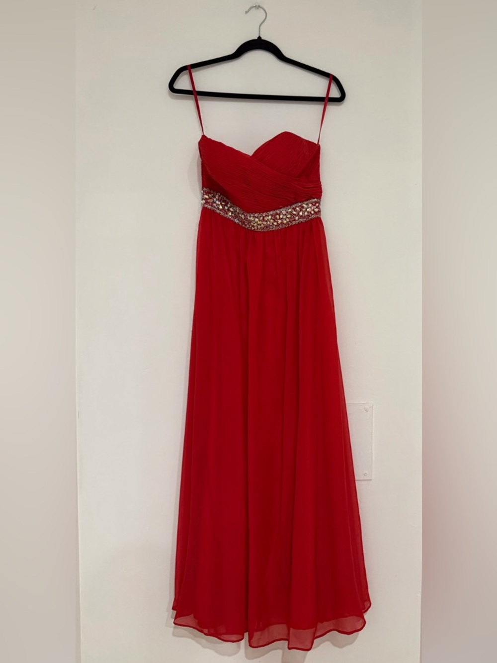 Red Beaded Waist Strapless Prom Dress